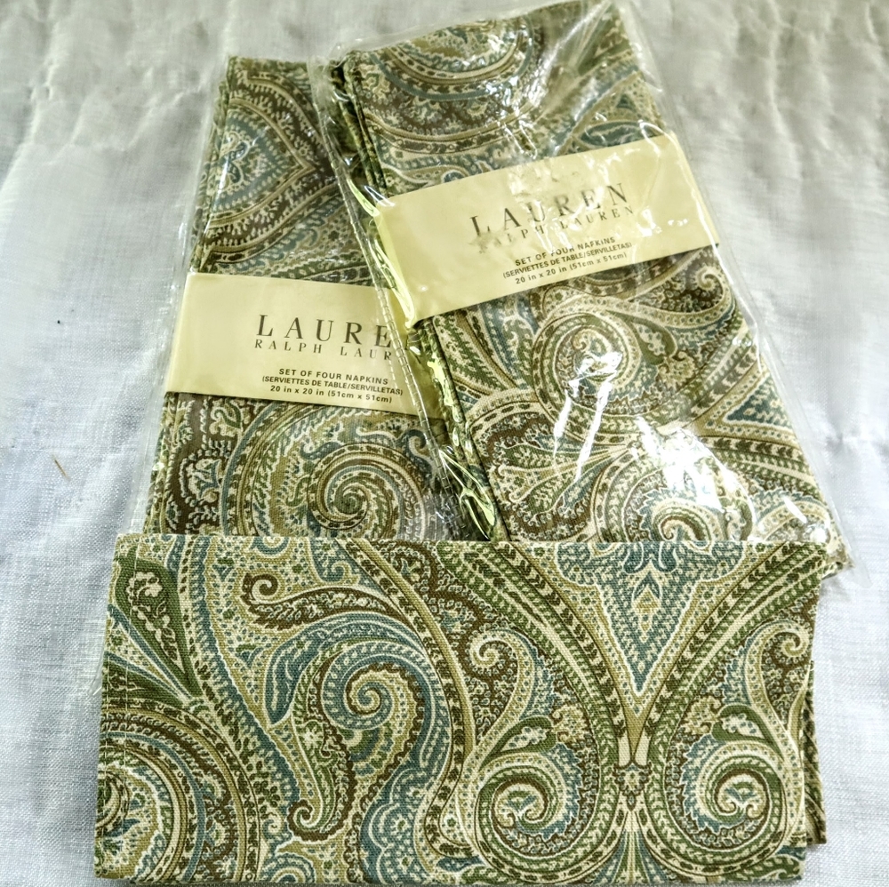 8 Ralph Lauren Textured Cotton Dinner Napkins, Sage Paisley Formal